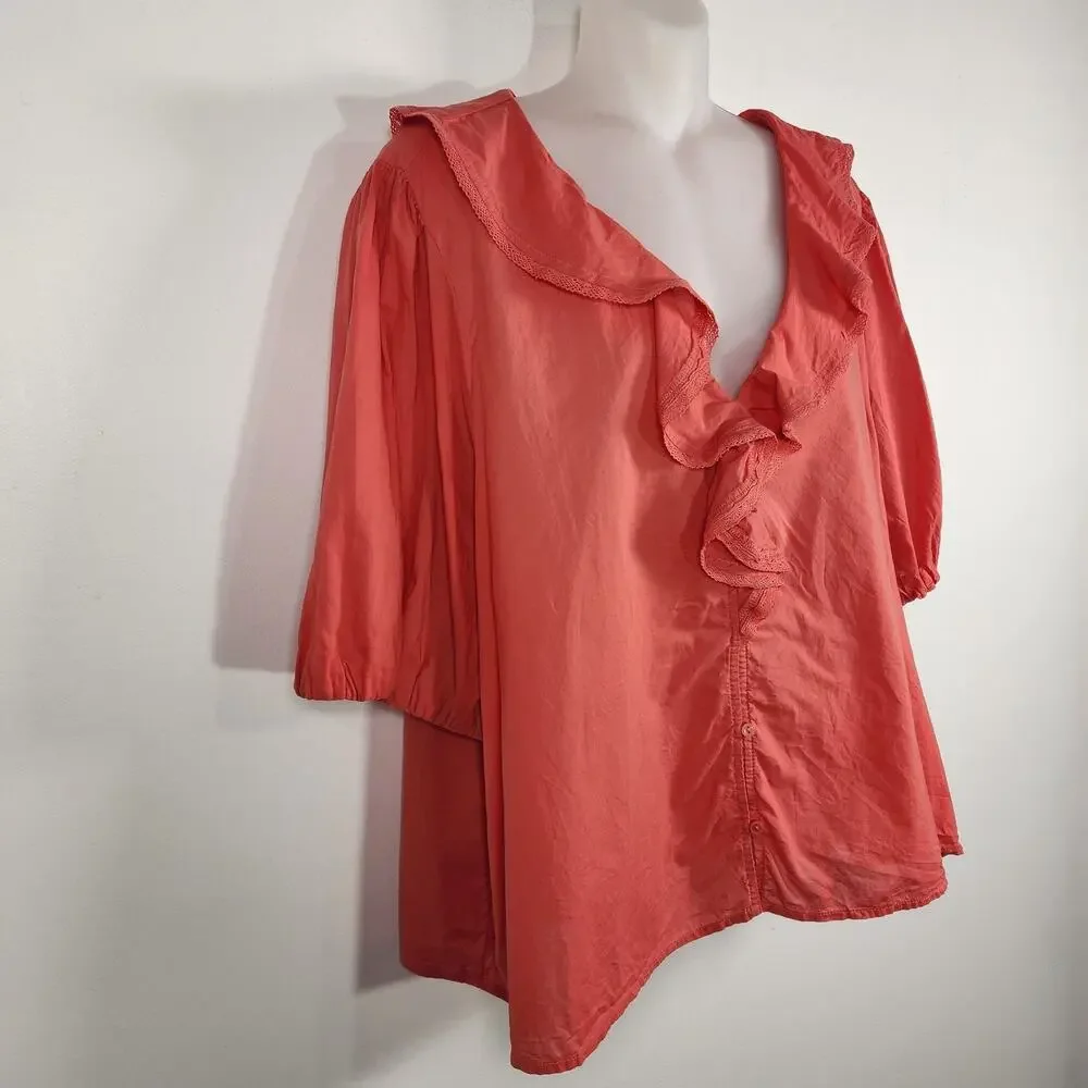 Old Navy Womens Ruffle Collar Button Top Cactus Bloom XXL Short Bubble Sleeve
